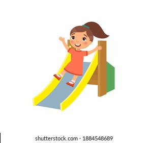 Happy little girl slides off a children's slide. Joyful child, summer vacation. Сoncept of vacation and entertainment on the playground. Cartoon character. Flat vector illustration.