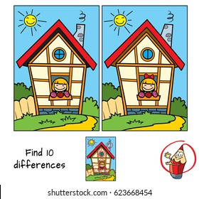 Happy little girl in small house. Find 10 differences. Educational game for children. Cartoon vector illustration