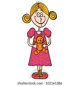 Happy little girl smiling with teddy bear cartoon style vector illustration.