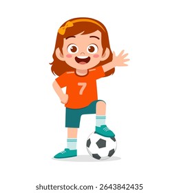 Happy Little Girl with Soccer Ball Raising Hand and Wearing Orange Jersey Smiling in Cartoon Style