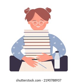 Happy little girl with stack books. Primary school learning materials vector illustration