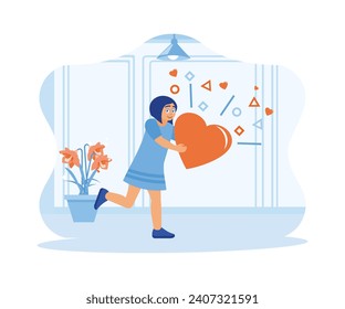  Happy little girl standing inside the house. Receive a heart gift while smiling cheerfully. Happy, calm, peaceful girl concept.  trend modern flat vector illustration