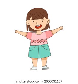 Happy Little Girl Standing with Open Arms for Hug Vector Illustration