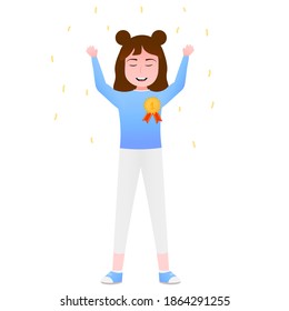 Happy little girl standing with trophy, cute winner in competition, achievement in school, gold medal in cartoon style on white background