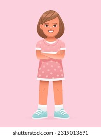 Happy little girl stands with her arms crossed. Beautiful white baby in a pink dress. Vector cartoon illustration on a pink background.
