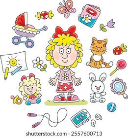 Happy little girl surrounded by her funny colorful toys, vector cartoon illustration on a white background