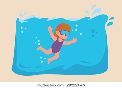 Happy Little Girl Swimming In A Pool. Water Polo Concept. Vector Illustration.