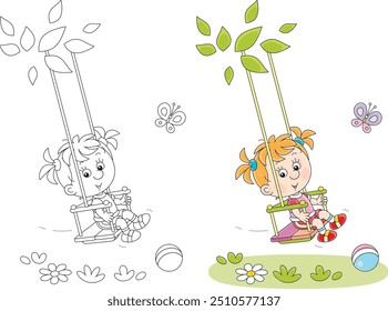 Glückliches kleines Mädchen schwingt mit einem fröhlich flitzernden Schmetterling auf einem Sommerspielplatz in einem Park, Farbe und schwarz-weißen Umriss Vektor Cartoon Illustrationen