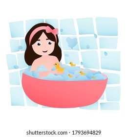 Happy Little Girl Taking Bath, Daily Routine Activity, Bathtub With Foam Bubles, Yellow Rubber Ducks, Games In Bathroom, Having Fun