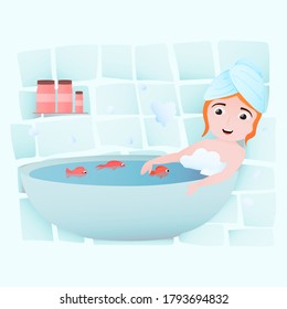 Happy Little Girl Taking Bath, Daily Routine Activity, Bathtub With Foam Bubles, Red Fish Toys In Bathtube, Games In Bathroom, Having Fun