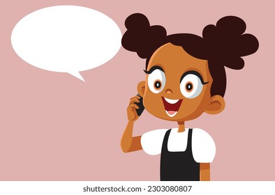 
Happy Little Girl Talking on the Phone Vector Cartoon Illustration. Talkative kid using a smartphone to communicate 
