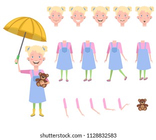Happy little girl with teddy bear under umbrella character set with different poses, emotions, gestures. Parts of body, toy bear. Can be used for topics like weather, childhood, kid