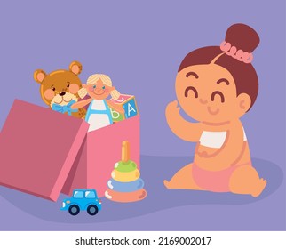 happy little girl and toys in a box