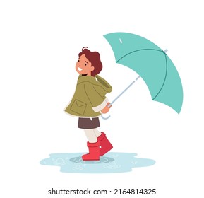 Happy Little Girl with Umbrella Walk on Street. Little Baby, Kid Character in Rubber Boots Stand in Puddle. Cheerful Smiling Child at Autumn or Spring Rainy Weather. Cartoon People Vector Illustration