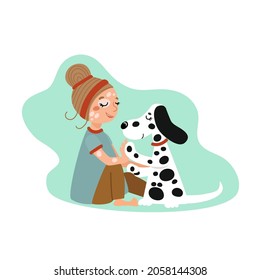 Happy Little Girl With Vitiligo Hugs Dalmatian Puppy. Cute  Kid With Her Friend Spotted Funny Dog. Concept For World Vitiligo Day. Cartoon Characters, Hand Drawn  Vector Illustration, Flat Design