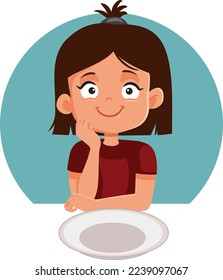 
Niña feliz esperando la ilustración de un vector de comida. Niño hambriento esperando con paciencia el almuerzo sentado en la mesa
