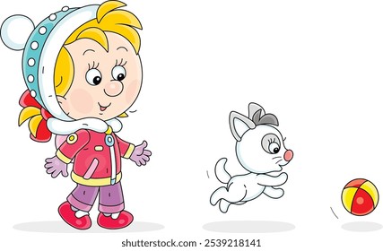 Happy little girl walking with her funny kitten and playing a small ball in a winter park, vector cartoon illustration on a white background