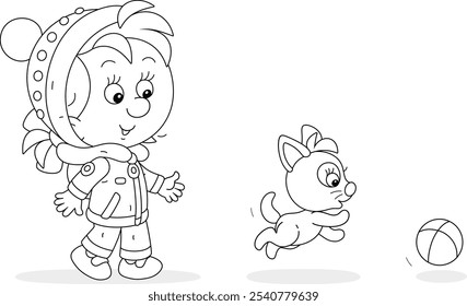 Happy little girl walking with her funny kitten and playing a small ball in a winter park, black and white outline vector cartoon illustration for a coloring book