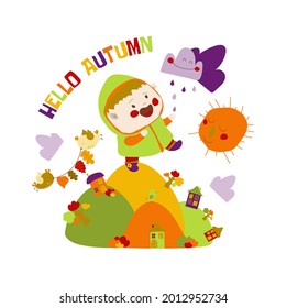 A happy little girl walks outside in the rain in the fall. A little girl is happy with the beginning of autumn. Vector illustration on white background in cartoon style. Hand drawing. 