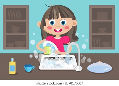 A Happy Little Girl Is Washing Up Dirty Dishes In The Kitchen. A Daughter Is Helping To Clean Unwashed Plates And Cups. Children Help Parents. 