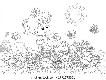 Happy little girl watering beautiful garden flowers on a pretty small flowerbed on a sunny summer day, black and white vector cartoon illustration for a coloring book page