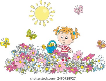 Feliz niña regando coloridas flores de jardín en un bonito lecho de flores en un día de verano soleado, ilustración de dibujos animados de Vector aislado en un fondo blanco