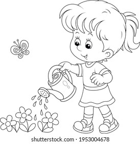 Happy Little Girl Watering Garden Flowers On A Small Flowerbed On A Warm Summer Day, Black And White Vector Cartoon Illustration For A Coloring Book Page