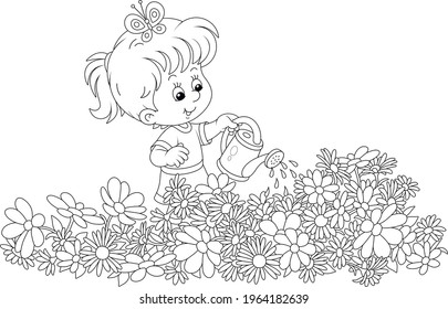 Happy little girl watering garden flowers on a small flowerbed on a summer day, black and white vector cartoon illustration for a coloring book page