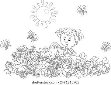 Feliz niña regando flores de jardín en un hermoso lecho de flores en un día de verano soleado, ilustración de dibujos animados de Vector blanco y negro para una página de libro para colorear