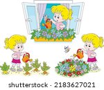 Happy little girl watering vegetables in a garden, flowers on a windowsill and a flowerbed