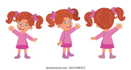 A happy little girl waves hello facing front, sideways, and from behind, full of playful energy.