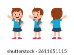 Happy Little Girl Waving Hand with Front and Rear View in Cartoon Illustration Style on White