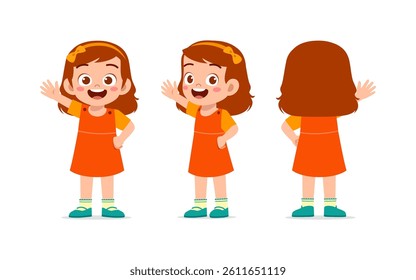 Happy Little Girl Waving Hand with Front and Rear Views Isolated on White Background in Illustration Style