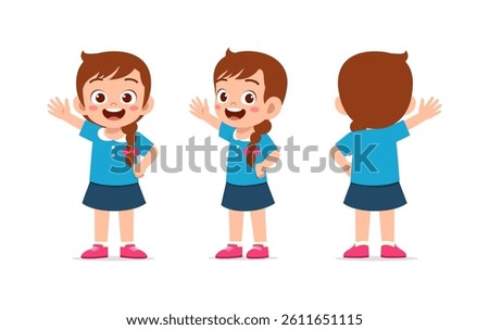 Happy Little Girl Waving Hand with Front and Rear View in Cartoon Illustration Style on White