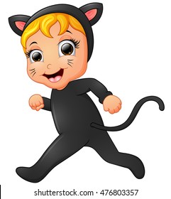 Happy little girl wearing cat costume walking