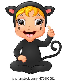 Happy little girl wearing cat costume giving thumb up