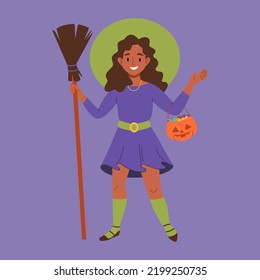 Happy little girl in witch costume, hat, broom, pumpkin and treats. Cute female character celebrate Halloween party. Flat cartoon vector illustration. Little kid dressed in carnival clothes.