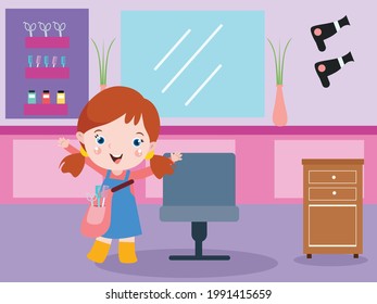 Happy little girl working as barbershop in the salon