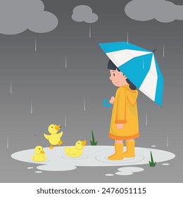 happy little girl in yellow hooded duck raincoat and rubber boots playing rain. illustration Vector