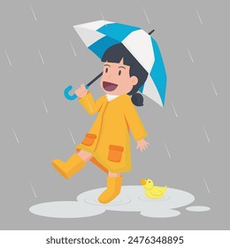 happy little girl in yellow hooded duck raincoat and rubber boots playing rain. illustration Vector