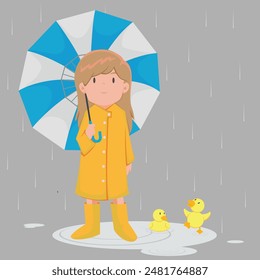 happy little girl in yellow hooded duck raincoat and rubber boots playing rain. illustration Vector