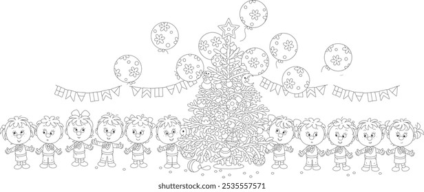 Happy little girls and boys around a beautiful Christmas tree decorated with funny holiday toys and balls in a school hall with garlands and balloons, black and white vector cartoon illustration