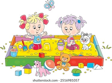 Happy little girls friendly talking, romping and playing with their toys in a sandbox on a playground in a park, vector cartoon illustration on a white background