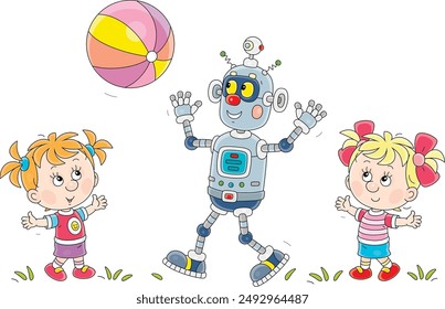 Happy little girls and a funny toy robot playing a ball on a playground in a park, vector cartoon illustration on a white background