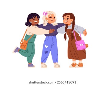 Happy little girls greeting, hug together. Cute kids embrace, glad to see, welcoming. Children friends cuddle, support. International friendship. Flat isolated vector illustration on white background