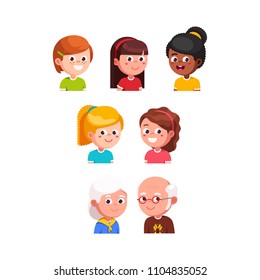 Happy little girls kids and senior couple closeup head portraits collection. Smiling diverse kids & elder people face cartoon characters set. Flat style vector illustration isolated on white