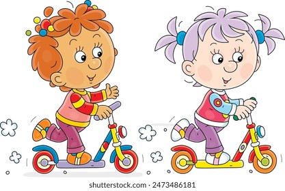 Happy little girls merrily riding their toy scooters on a playground in a park on a summer vacation, vector cartoon illustration isolated on a white background