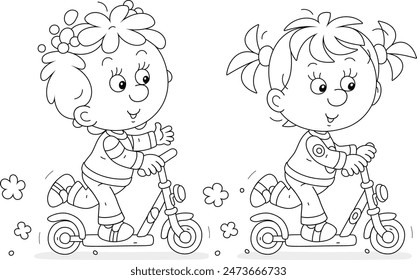 Niñas felices que montan alegremente sus scooters de juguete en un parque en unas vacaciones de verano, Ilustración vectorial en blanco y negro para un libro para colorear