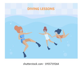 Happy little girls on diving lesson with instructor. Water, googles, swimsuit flat illustration. Swimming and underwater concept for banner, website design or landing web page