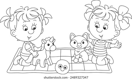 Happy little girls playing with a funny soft toy unicorn and fox on a checkered carpet in a nursery, black and white outline vector cartoon illustration for a coloring book page